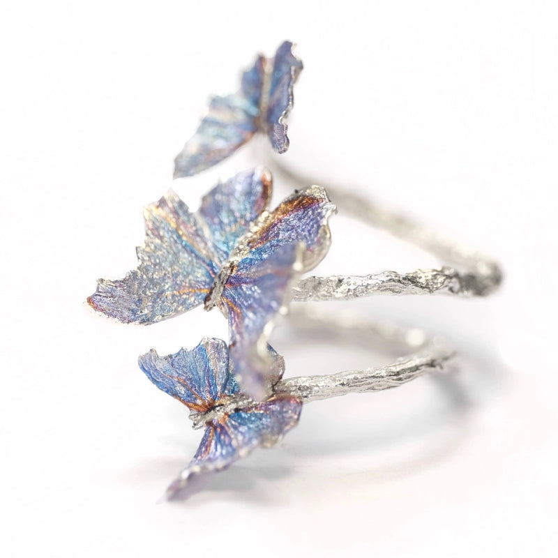 Handcrafted Enamel Butterfly Perch Silver Ring