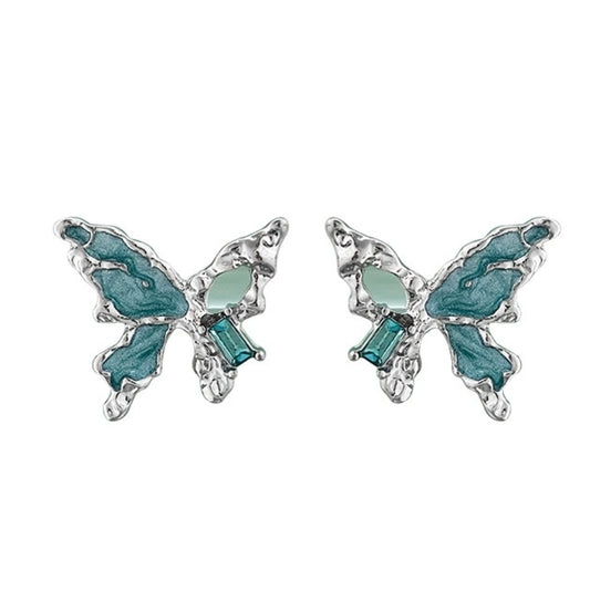 Enamel Glaze Blue Butterfly Ear Studs, Metalic Sweet Cool Style