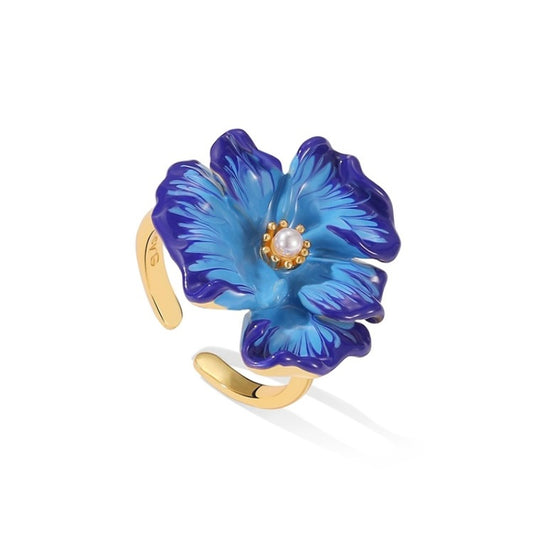 Vivid Blue Poppy Flower Open Ring